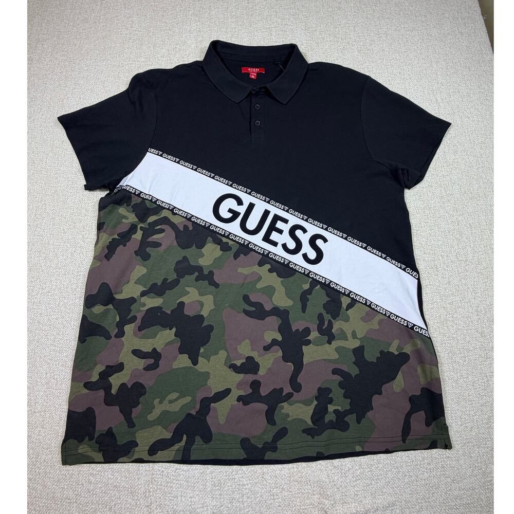 NWT Guess Men 2XL Black Camo Short Sleeve Logo Polo Shirt Preppy Casual